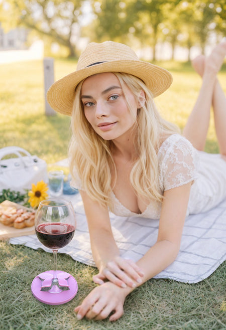 Woman in a white dress and straw hat lies on a picnic blanket with a glass of red wine placed securely in a portable wine glass holder nearby. A picnic basket, food, and a flower are in the background. She looks directly at the camera, enjoying her day worry-free with this innovative wine accessory.